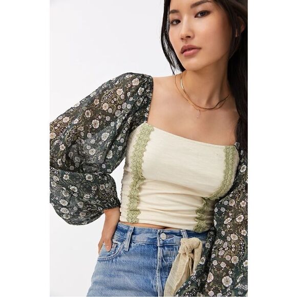 NEW Anthropologie Forever That Girl Smocked Embroidered Lace-Up Top Medium - Picture 1 of 7